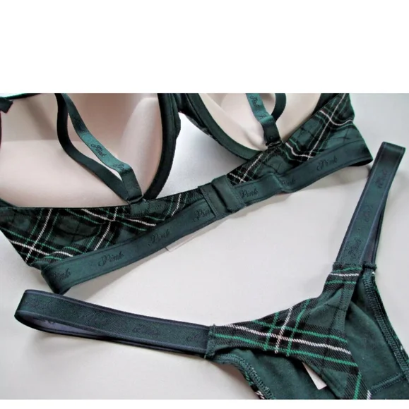 VICTORIA'S SECRET PINK Super Push-Up Bra & XL Thong Panty Set Green Plaid Cotton